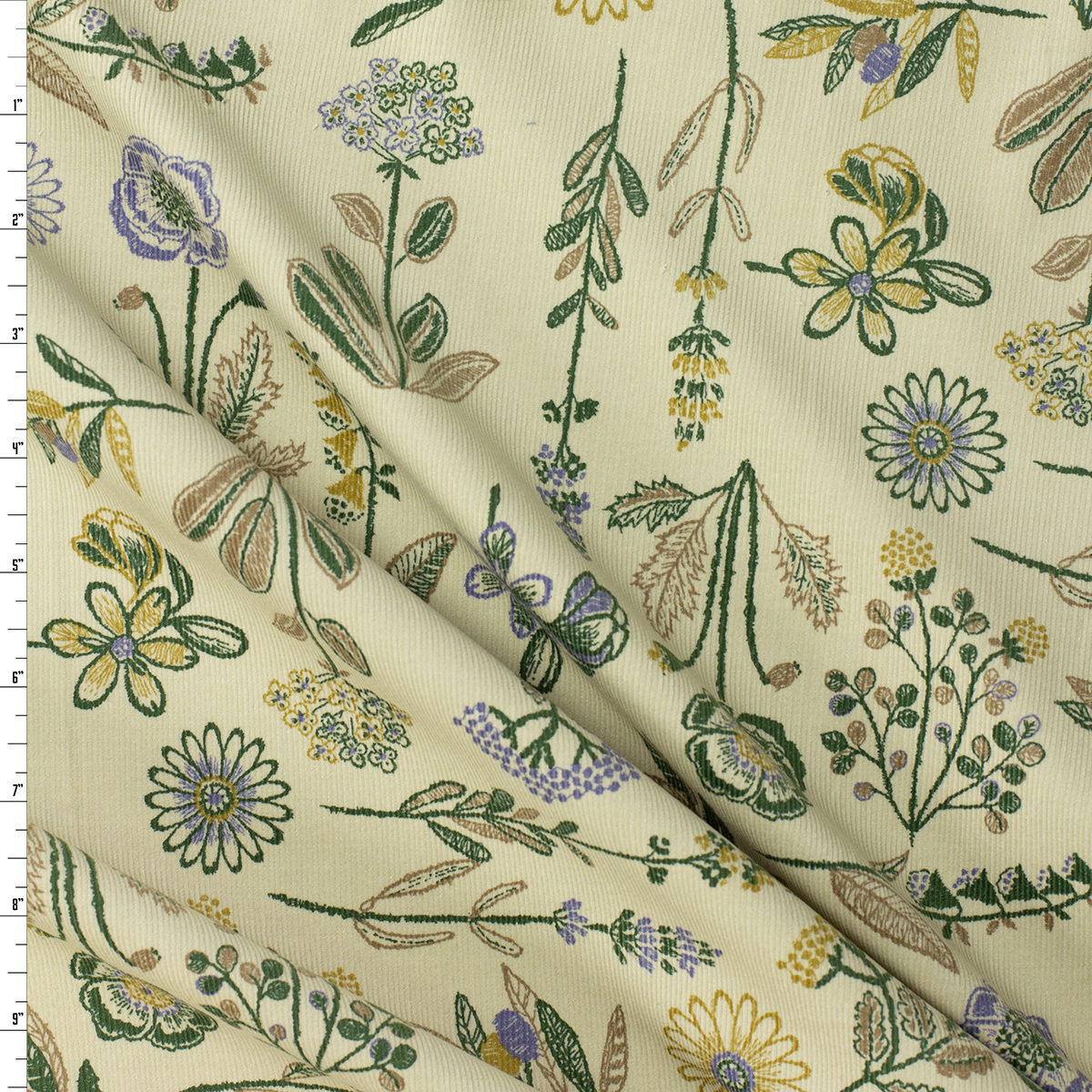 Keepsake Wildflowers on Light Tan Japanese Micro Wale Corduroy from Hokkoh #31961 Fabric By The Yard