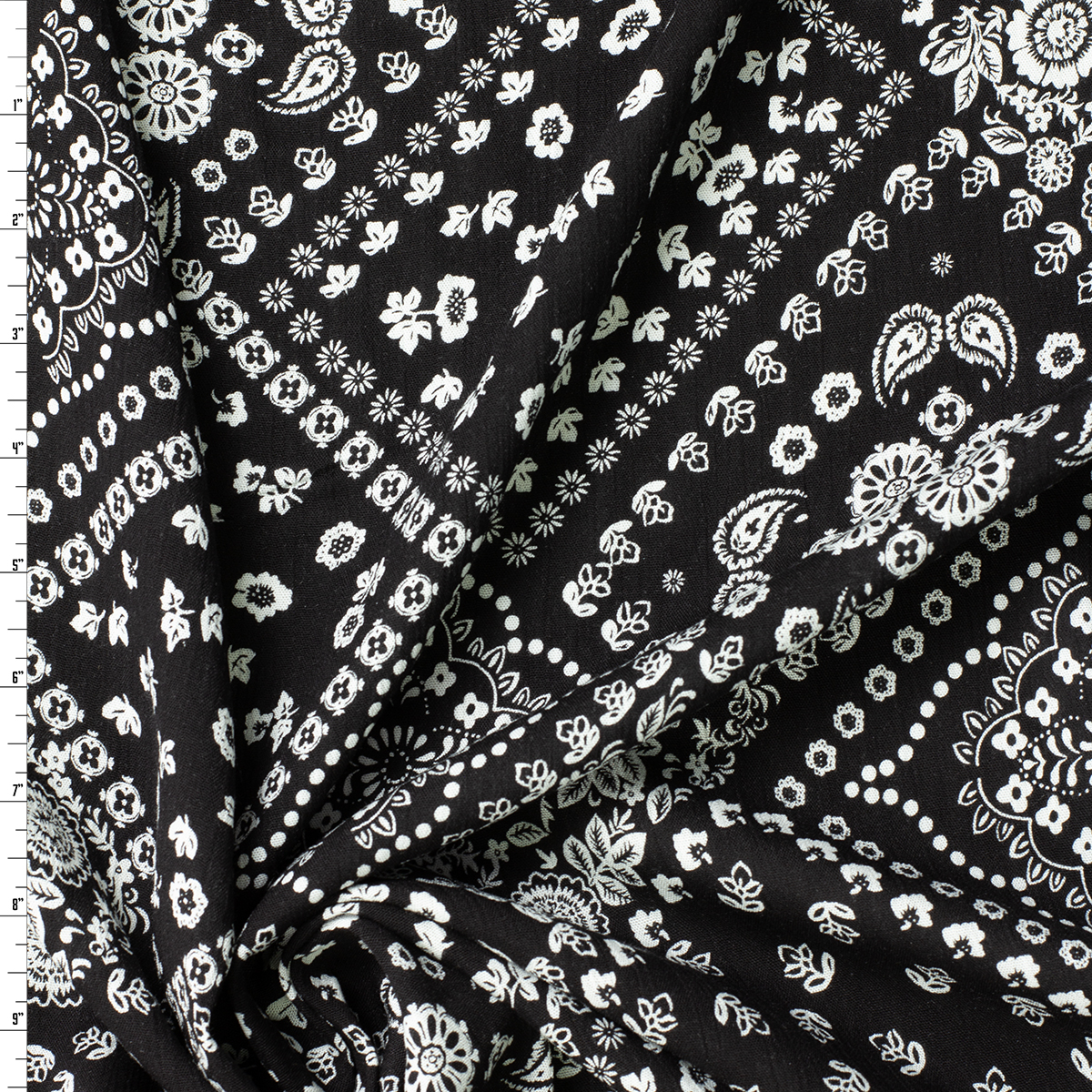 Diagonal Bandana Floral on Black Rayon Gauze #31965 Fabric By The Yard