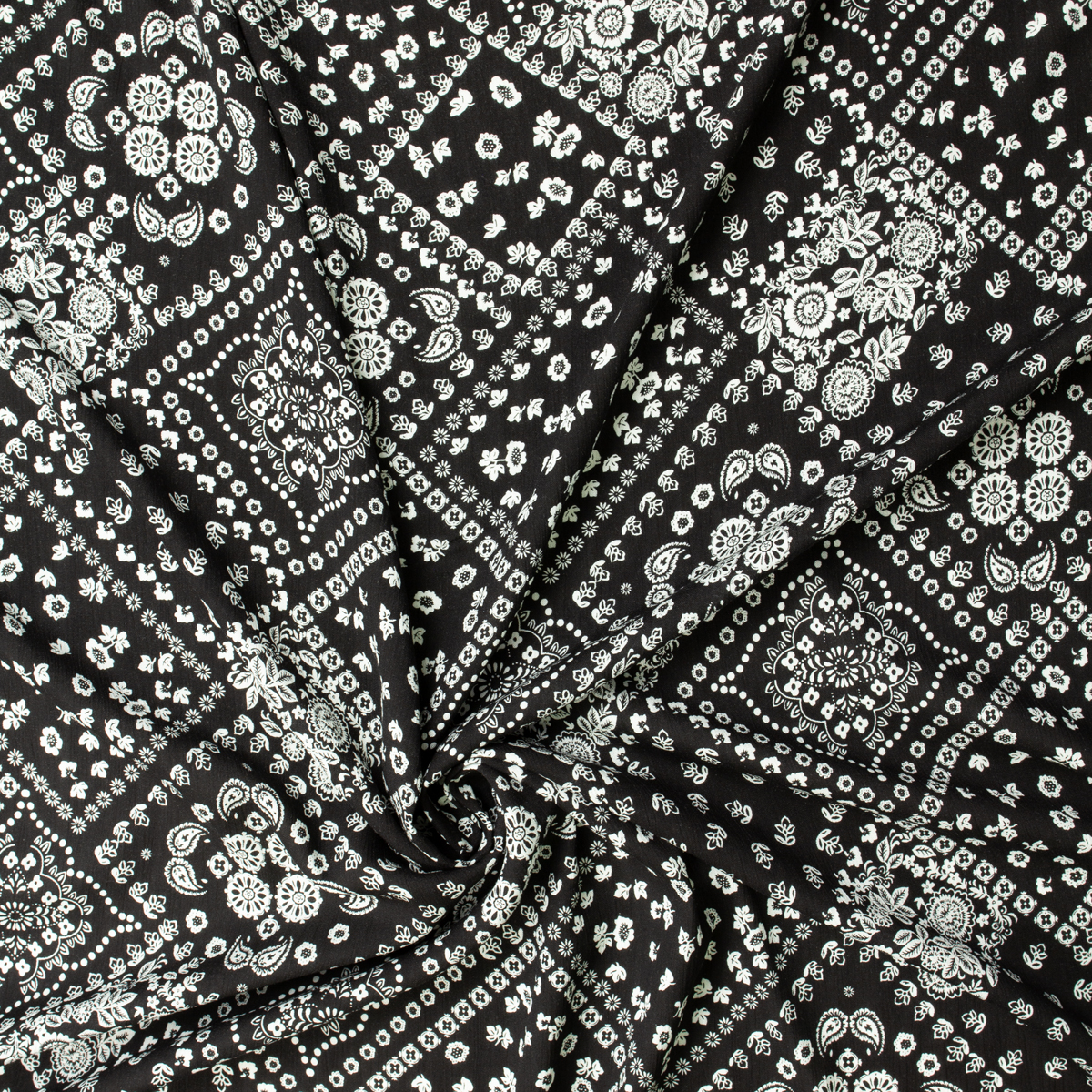 Diagonal Bandana Floral on Black Rayon Gauze #31965 Fabric By The Yard - Wide shot