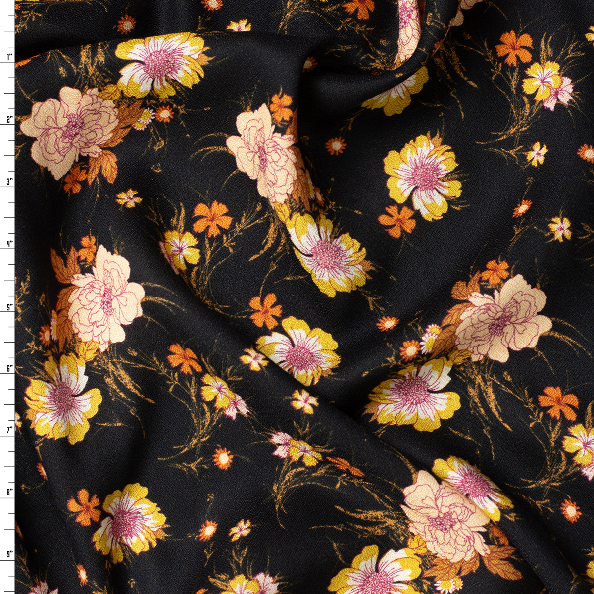 Blush Floral on Black Rayon Crepe #31966 Fabric By The Yard