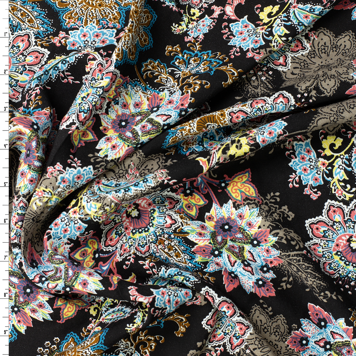 Vibrant Paisley Floral on Black Rayon Challis #31967 Fabric By The Yard