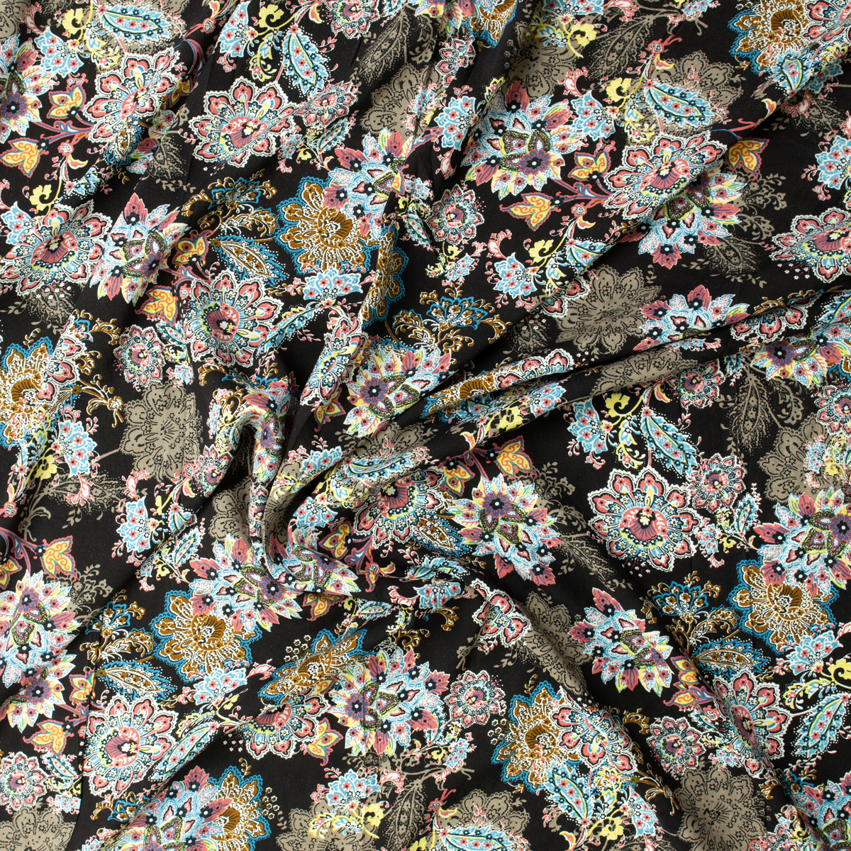 Vibrant Paisley Floral on Black Rayon Challis #31967 Fabric By The Yard - Wide shot