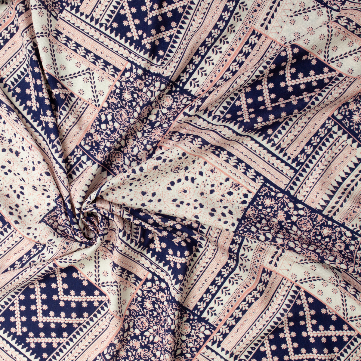 Navy, Ivory, and Pink Patchwork Diamonds Rayon Jaquard #31968 Fabric By The Yard - Wide shot