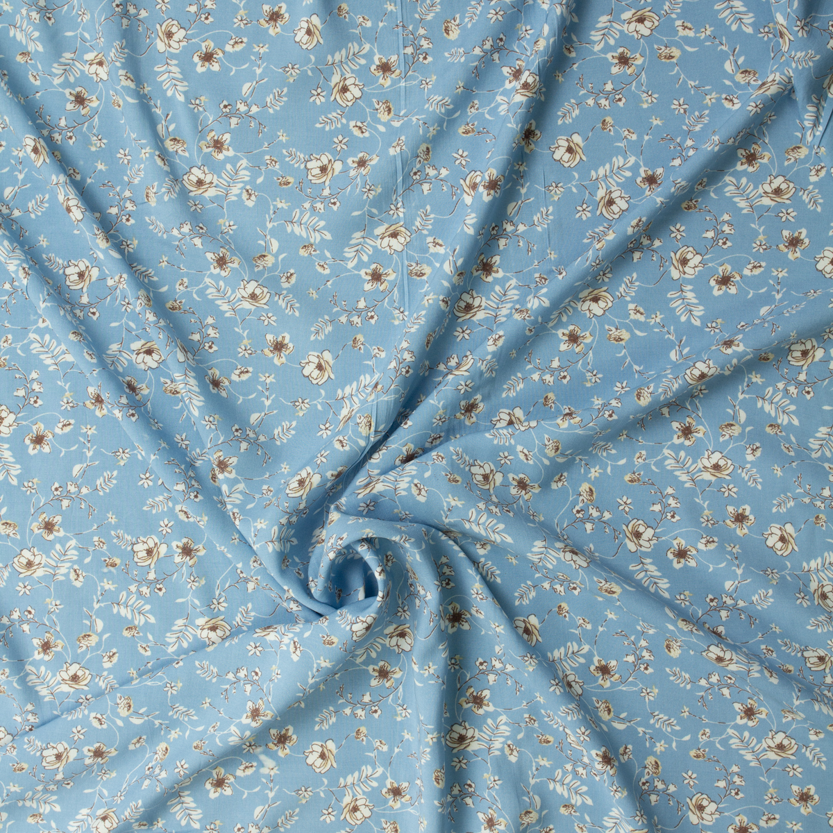 Brown on White Sketch Floral on Sky Rayon Challis #31971 Fabric By The Yard - Wide shot