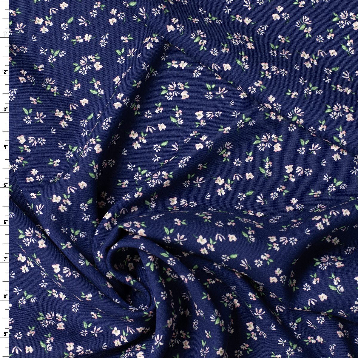 Pink and Green Mini Floral on Navy Rayon Challis #31972 Fabric By The Yard
