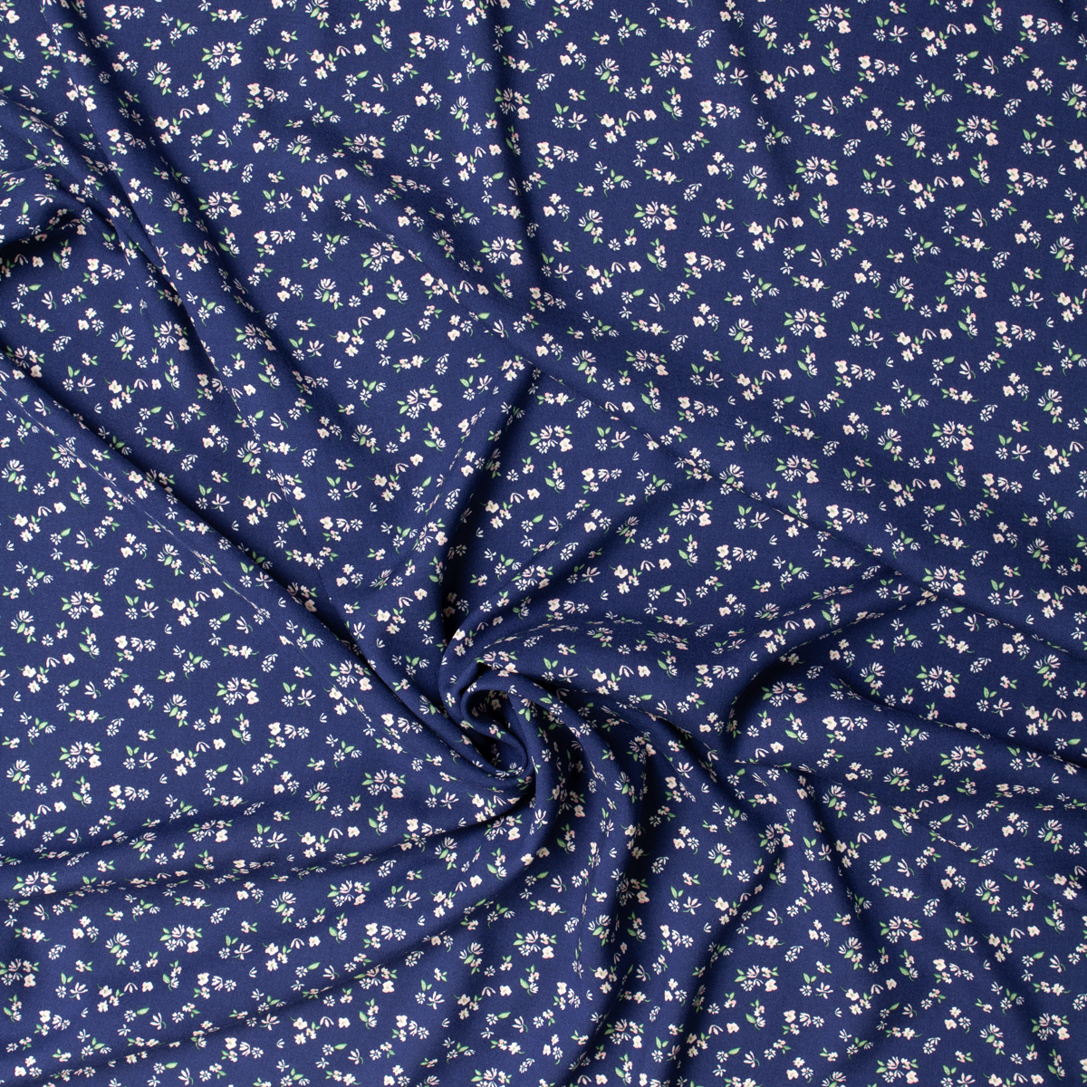 Pink and Green Mini Floral on Navy Rayon Challis #31972 Fabric By The Yard - Wide shot