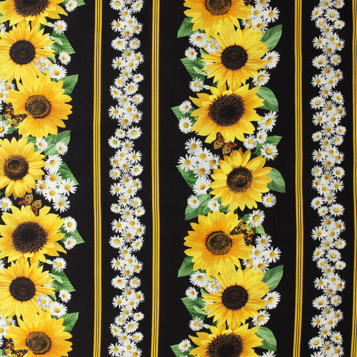 Fleur Black Sunflower Stripe Quilter’s Cotton from Timeless Treasures #31975 Fabric By The Yard - Wide shot