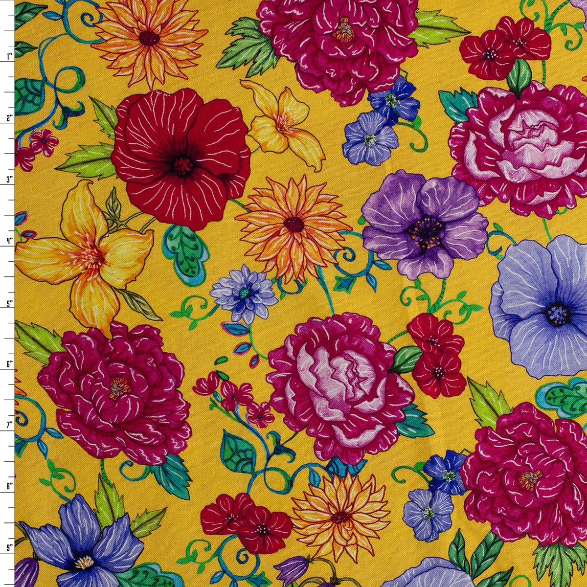Yellow Flora Quilter’s Cotton from Timeless Treasures #31994 Fabric By The Yard