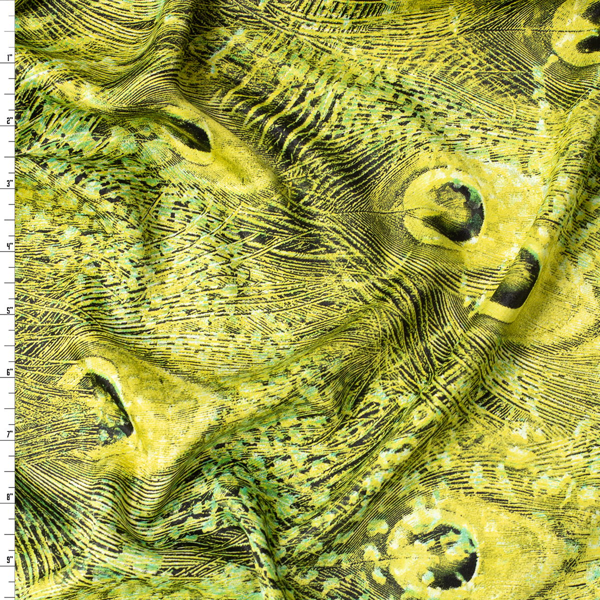Lime Layered Peacock Feathers Poly Charmeuse #32017 Fabric By The Yard