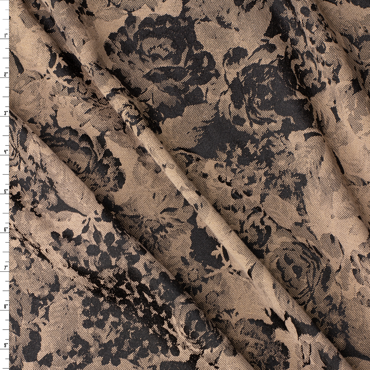 Cappuccino and Black Twill Weave Floral Designer Jaquard #32029 Fabric By The Yard