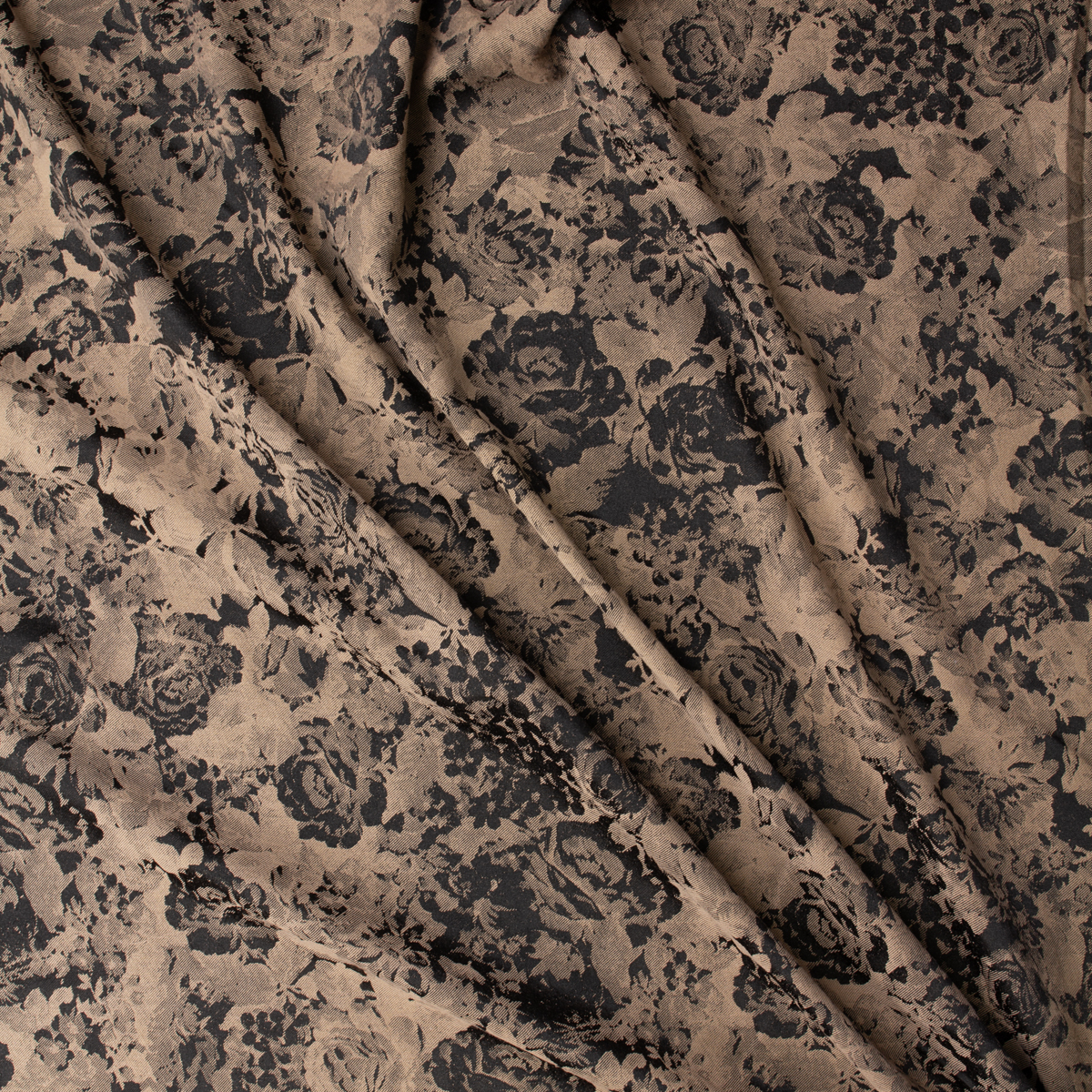 Cappuccino and Black Twill Weave Floral Designer Jaquard #32029 Fabric By The Yard - Wide shot
