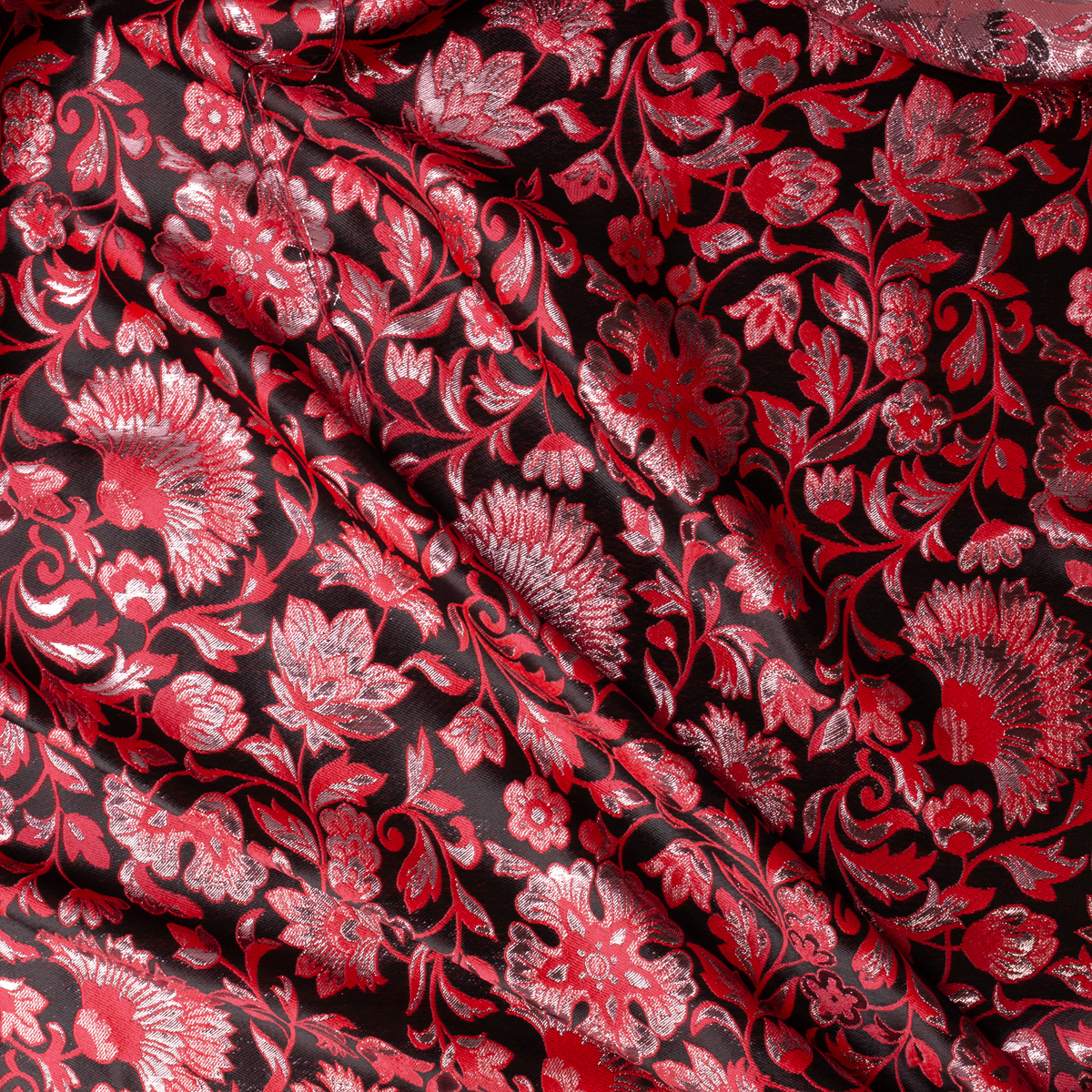 Red, Metallic Pink, and Black Scrolling Floral Designer Brocade #32032 Fabric By The Yard - Wide shot