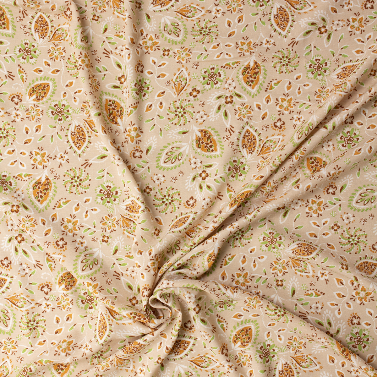 Tan and Lime Paisley Floral Linen Look Rayon #32034 Fabric By The Yard - Wide shot