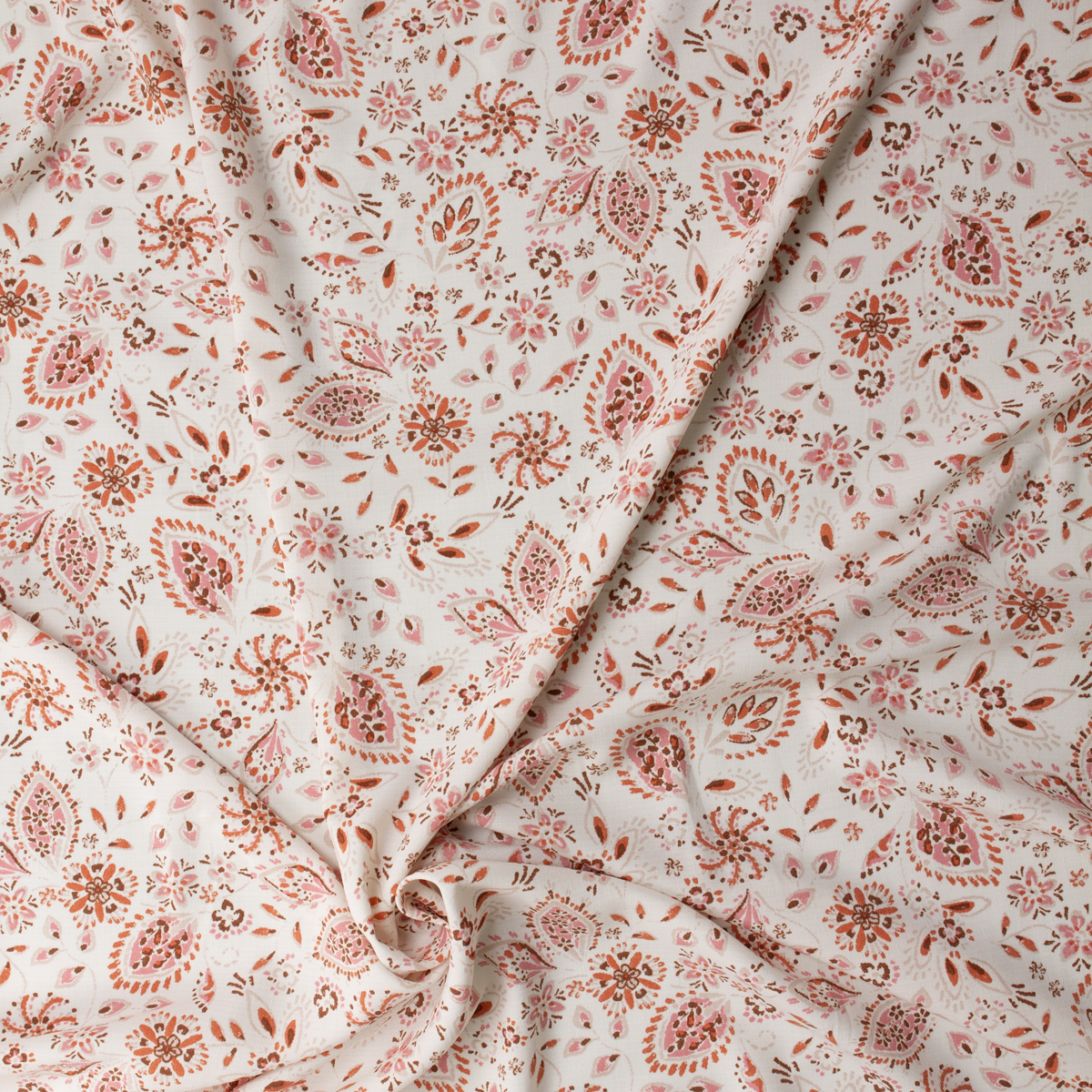 Red and Offwhite Paisley Floral Linen Look Rayon #32035 Fabric By The Yard - Wide shot
