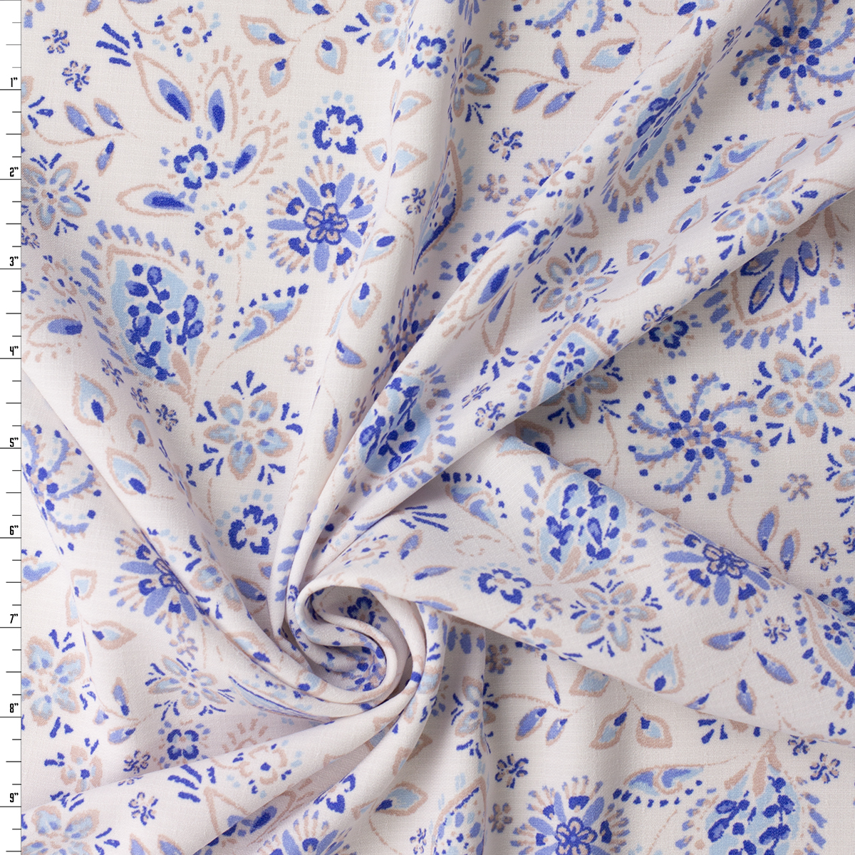 Blue and White Paisley Floral Linen Look Rayon #32036 Fabric By The Yard