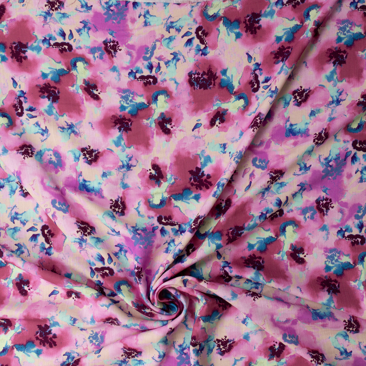 Lilac and Teal Watercolor Floral Linen Look Rayon #32038 Fabric By The Yard - Wide shot