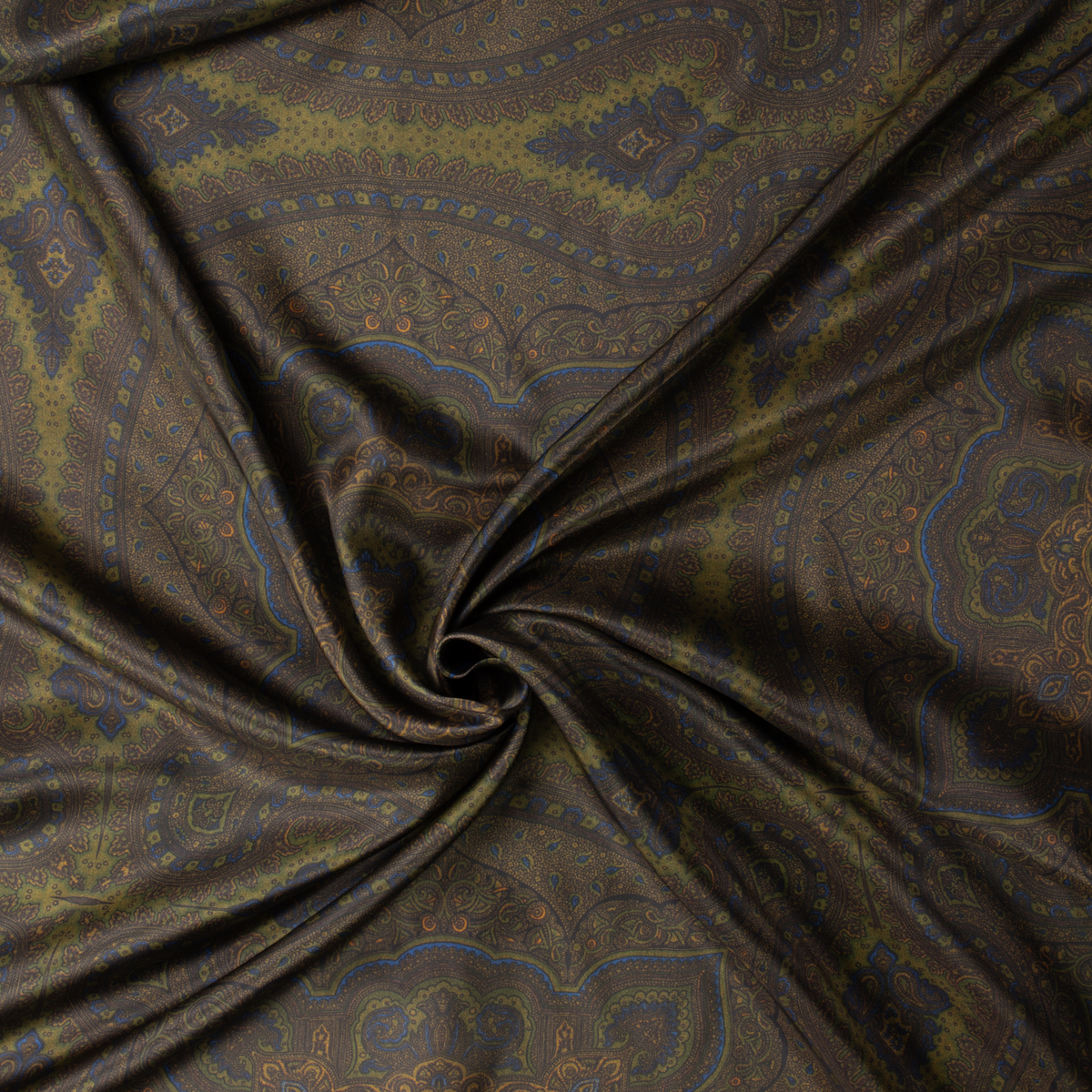 Olive and Navy Paisley Print Designer Cupro Lining #32054 Fabric By The Yard - Wide shot