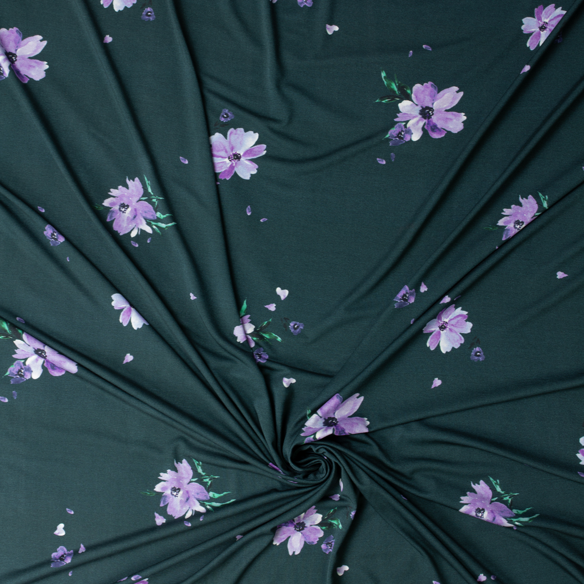 Lilac Flowers on Dark Hunter Designer Rayon Jersey Knit #32058 Fabric By The Yard - Wide shot