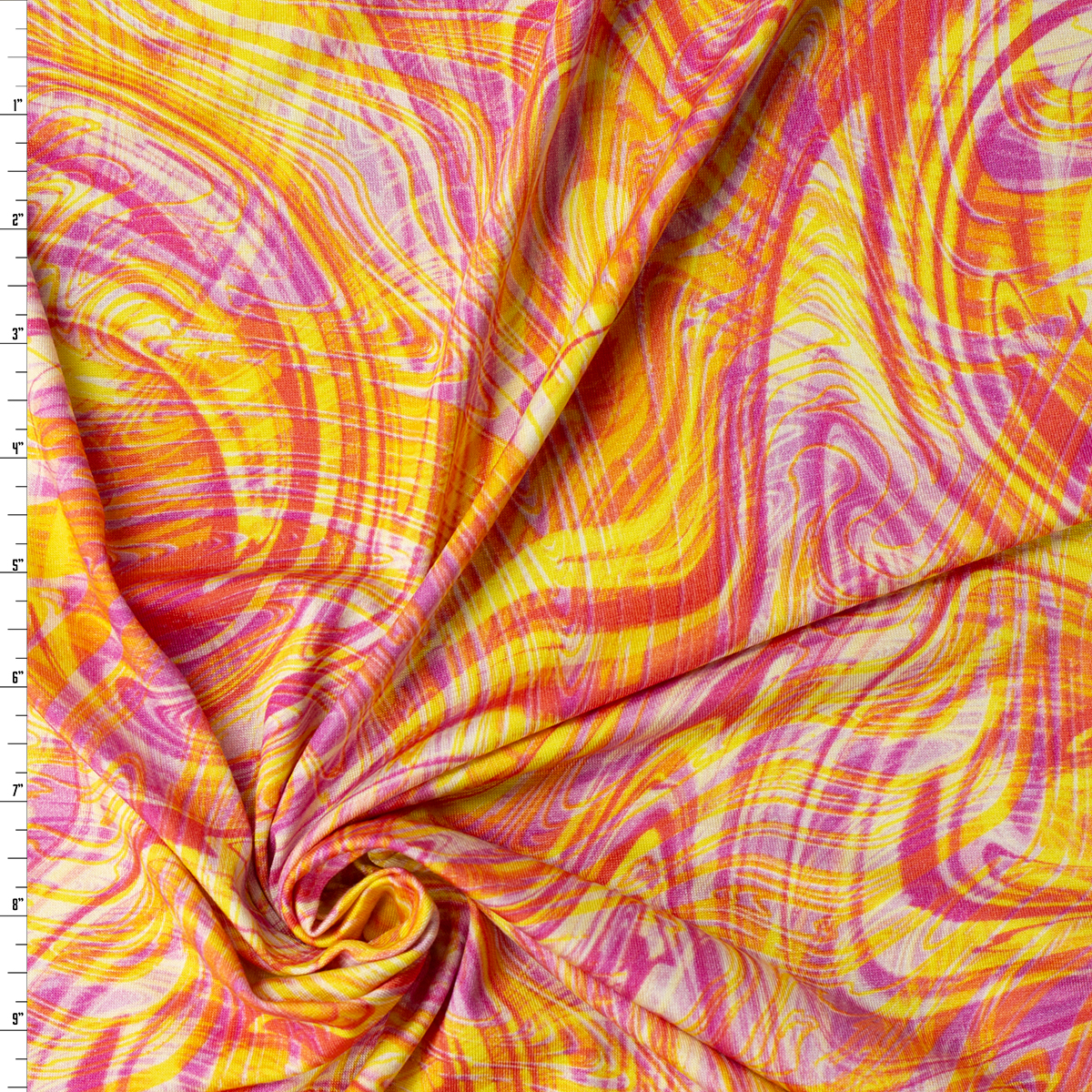 Pink, Orange, and Yellow Layered Swirls Designer Rayon Jersey Knit #32059 Fabric By The Yard