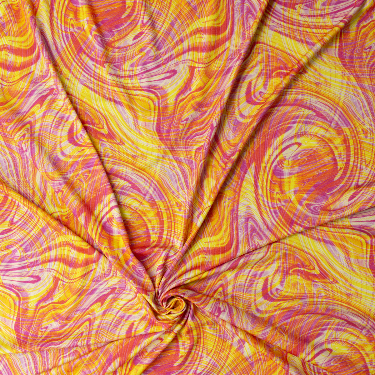 Pink, Orange, and Yellow Layered Swirls Designer Rayon Jersey Knit #32059 Fabric By The Yard - Wide shot