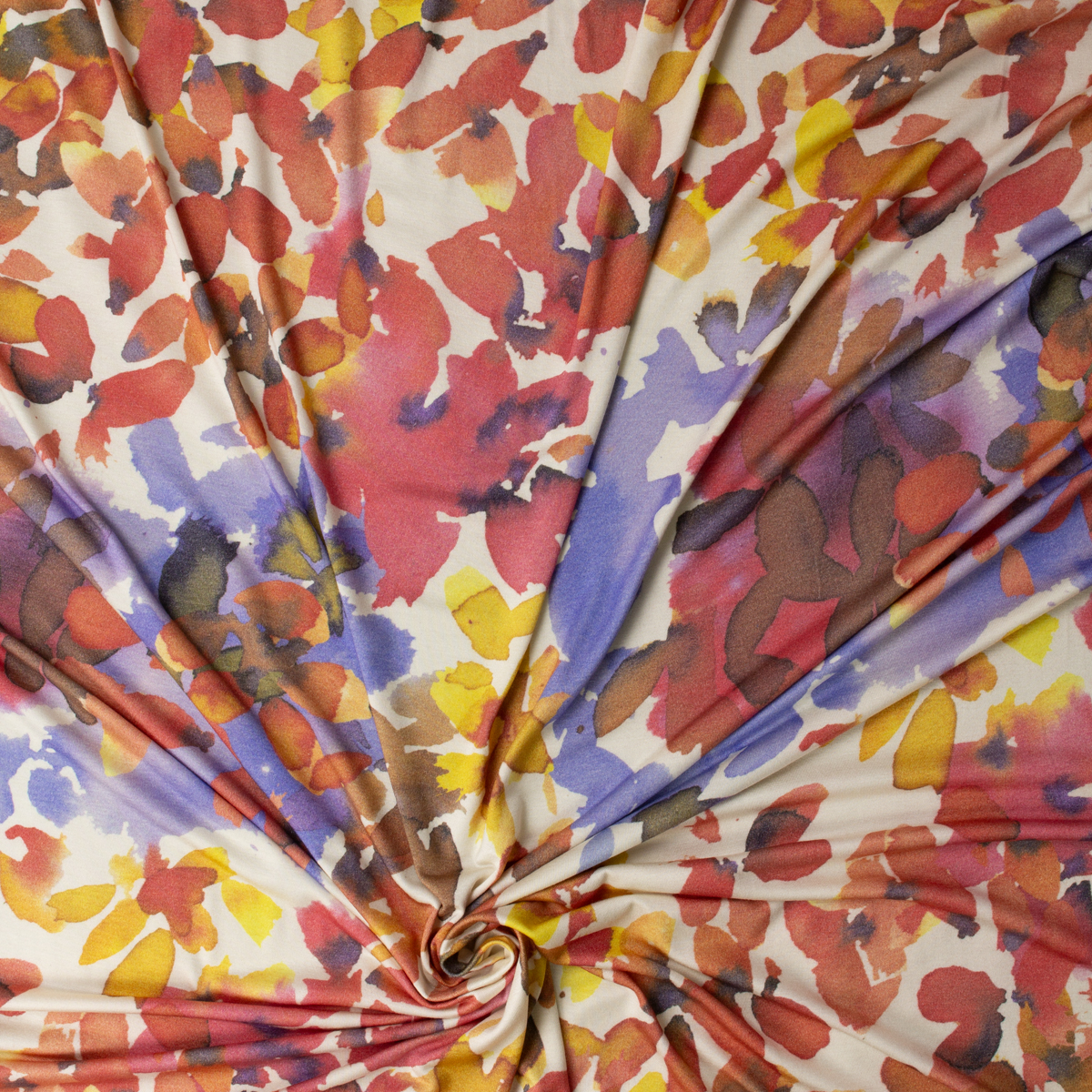Faded Red, Orange, and Yellow Watercolor Leaves on White Designer Rayon Jersey Knit #32060 Fabric By The Yard - Wide shot