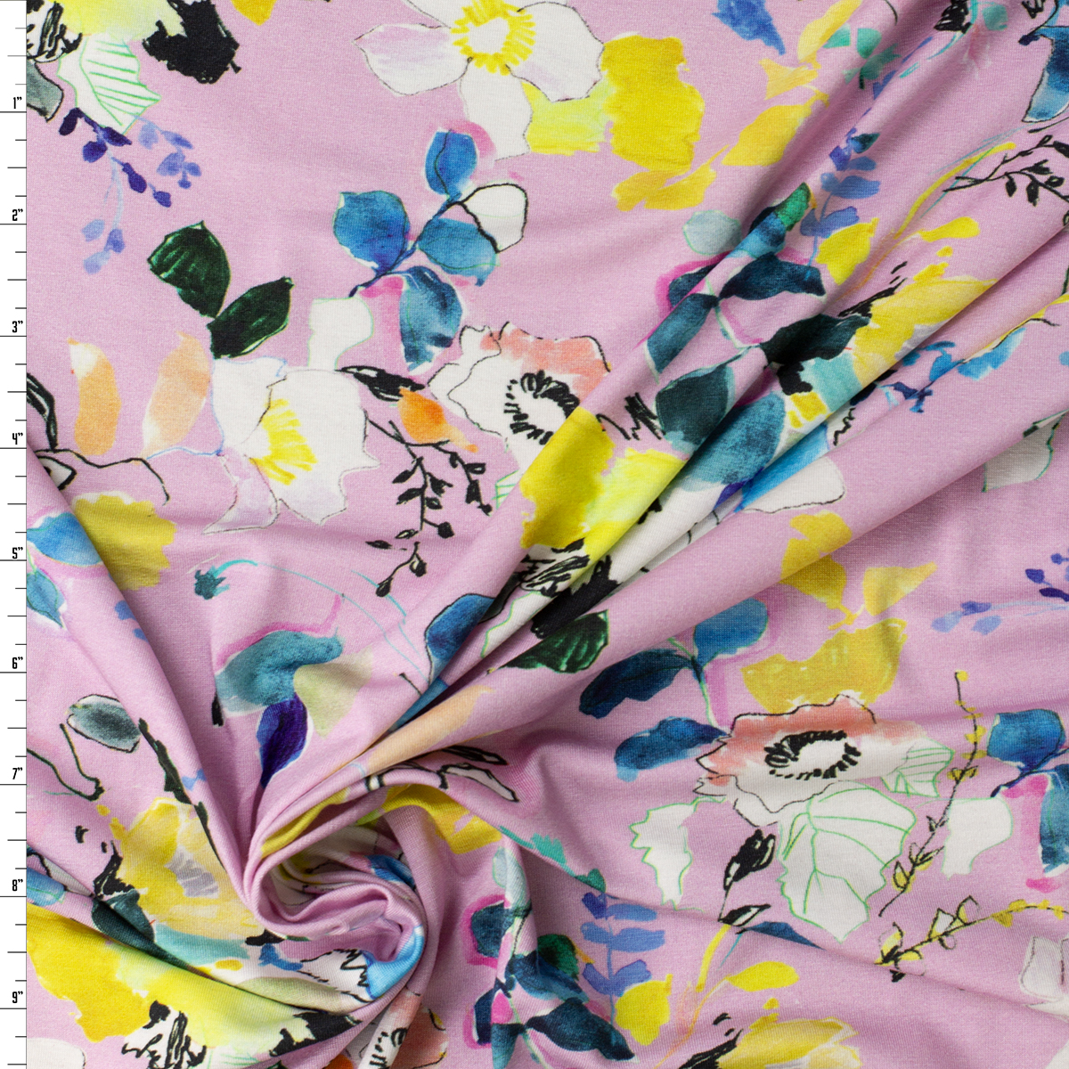 Teal and Yellow Artsy Flowers on Pink Designer Rayon Jersey Knit #32062 Fabric By The Yard