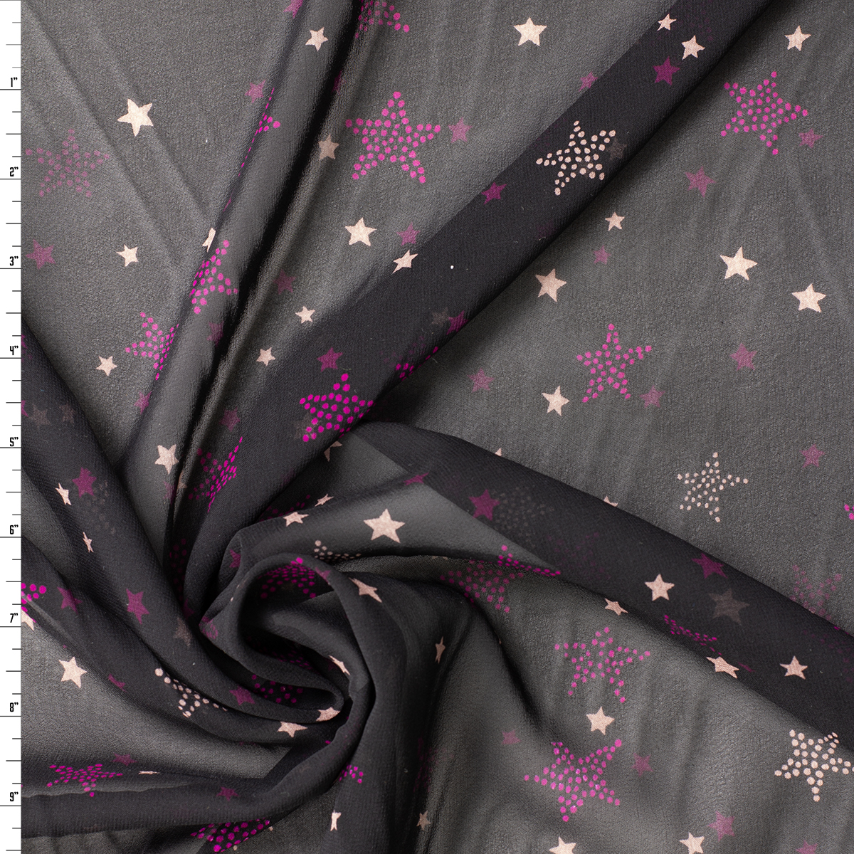 Tan and Purple Stars on Black Silk Chiffon #32066 Fabric By The Yard