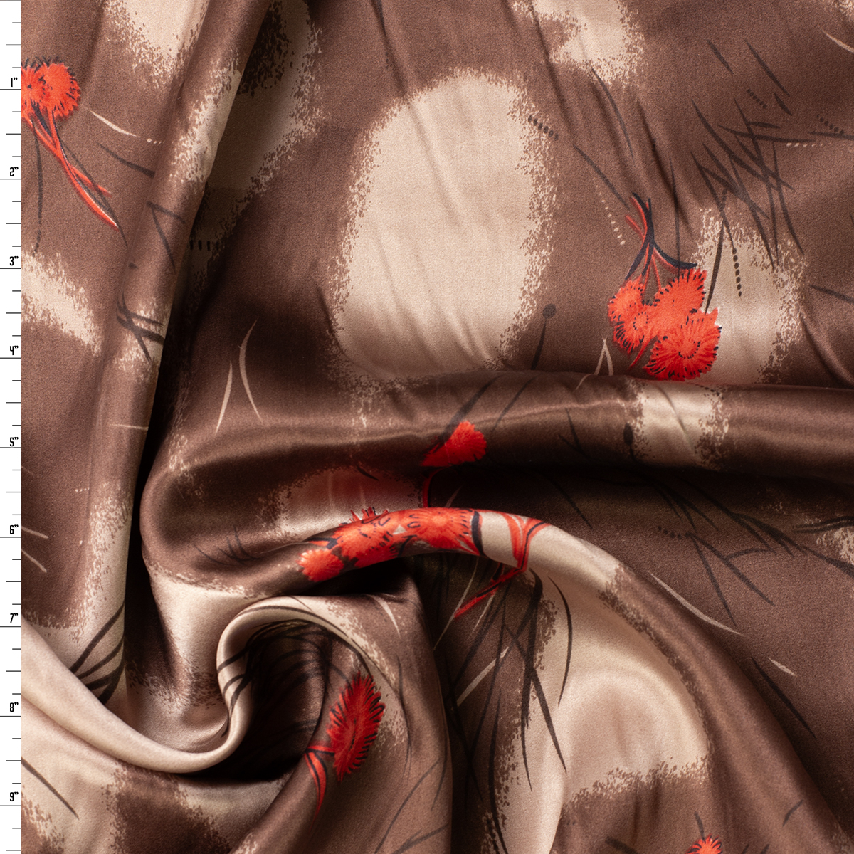 Red Grass Flowers on Brown and Tan Abstract Silk Charmeuse #32067 Fabric By The Yard