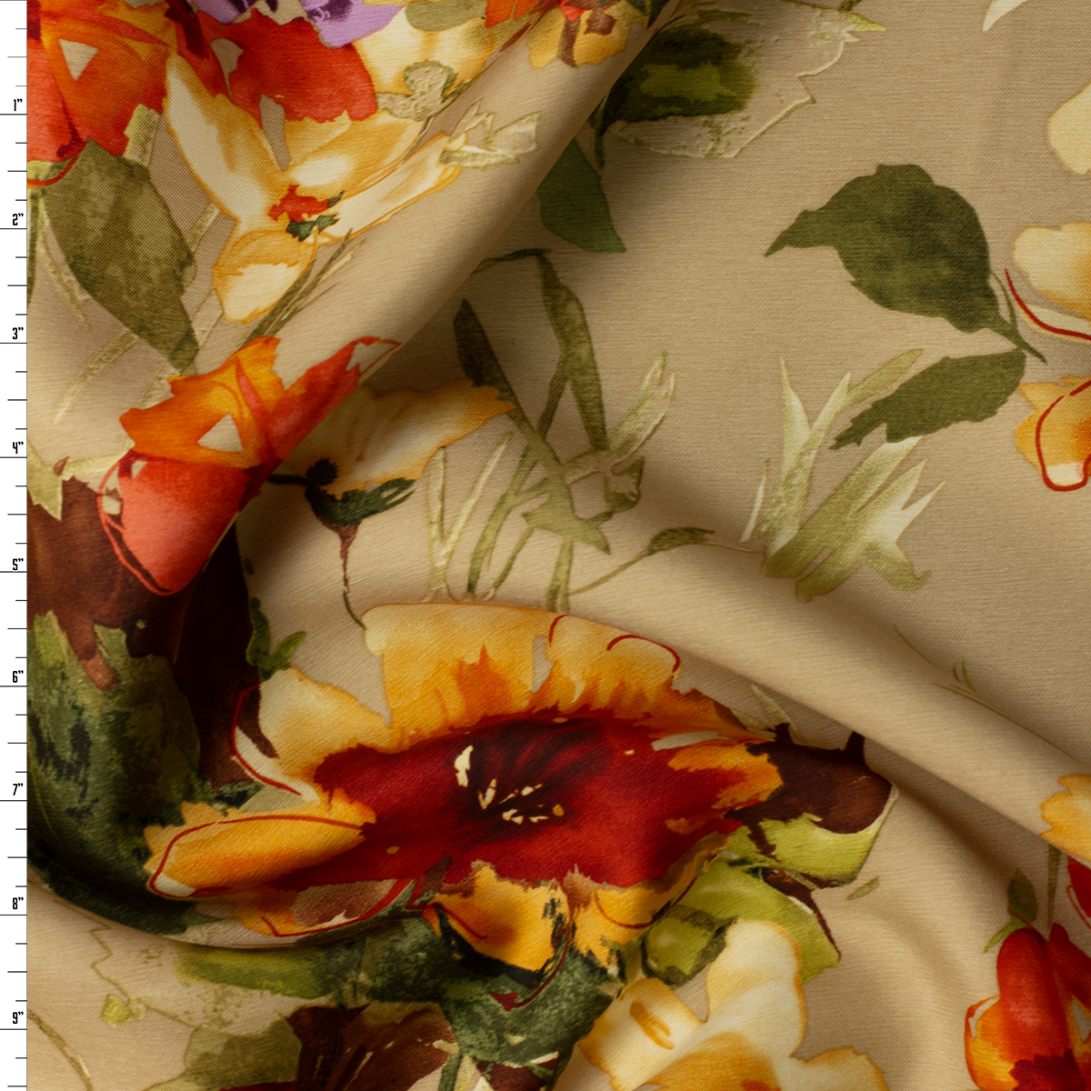 Golden Hour Wildflowers on Tan Twill Weave Silk #32075 Fabric By The Yard