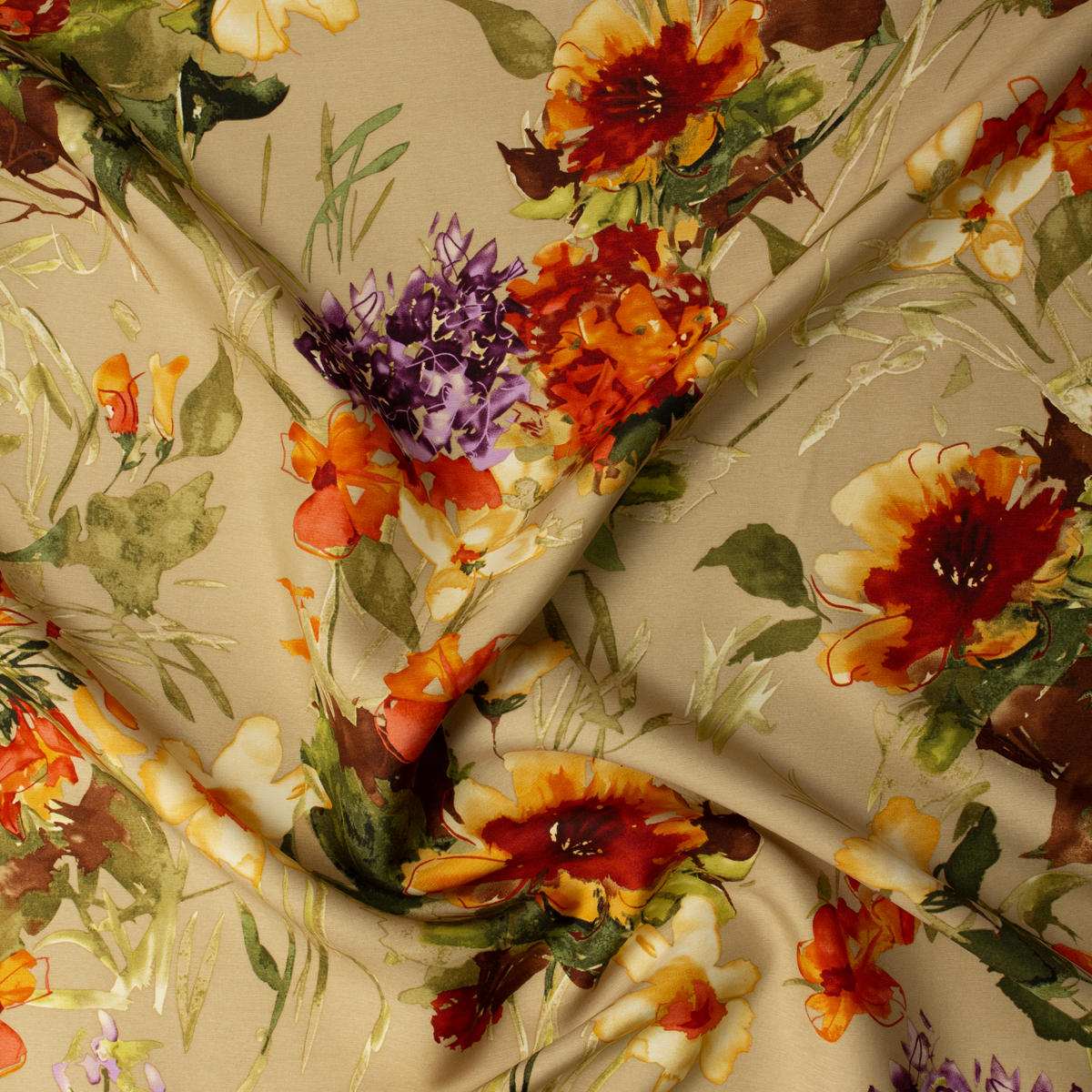 Golden Hour Wildflowers on Tan Twill Weave Silk #32075 Fabric By The Yard - Wide shot