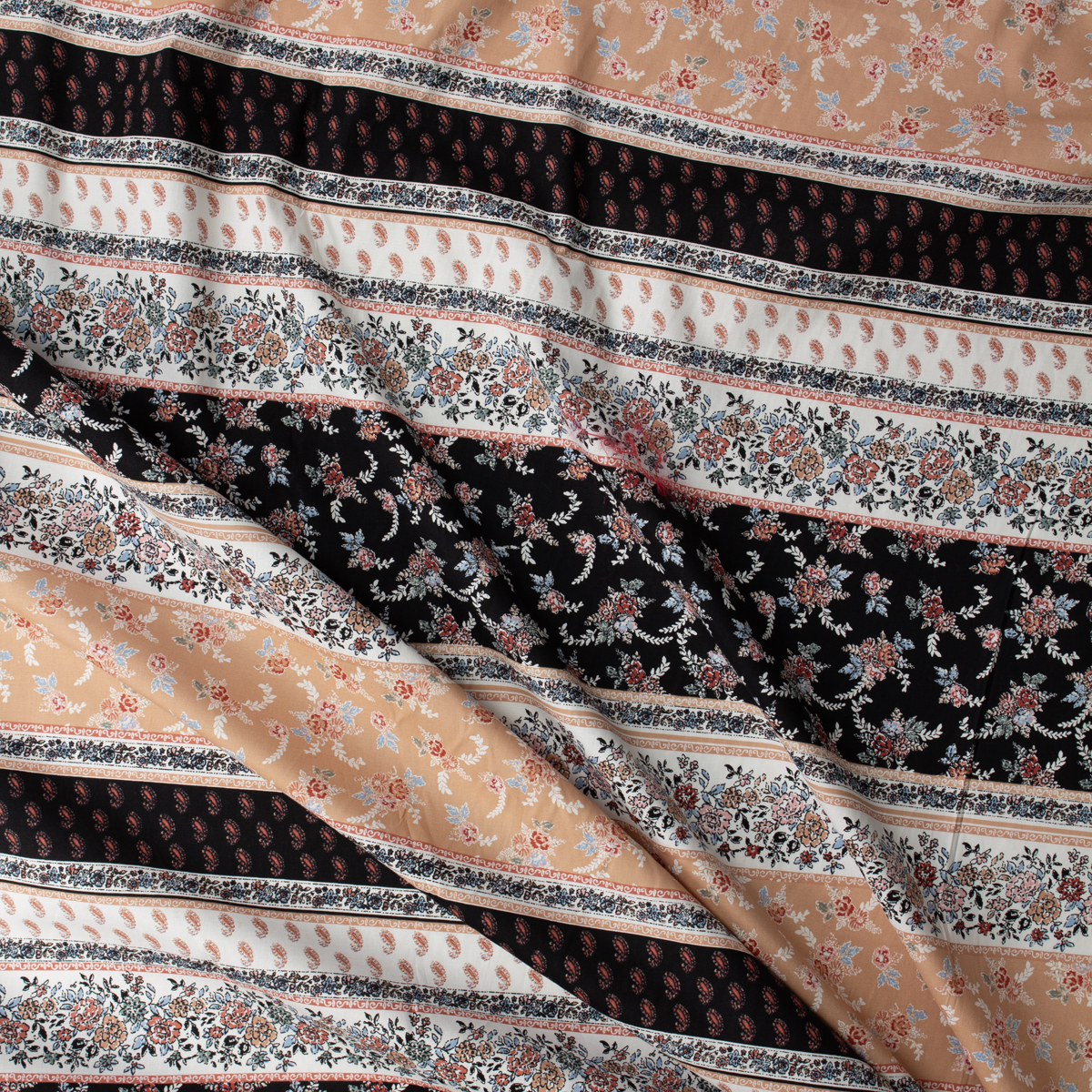 Dusty Rose, Ivory, and Black Floral Boho Stripe Stretch Cotton Poplin #32087 Fabric By The Yard - Wide shot