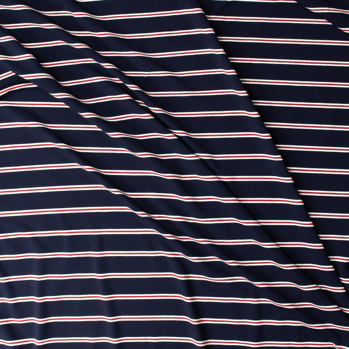 Red, White, and Navy Blue Horizontal Pencil Stripe Stretch Rayon/Spandex Jersey #32182 Fabric By The Yard - Wide shot