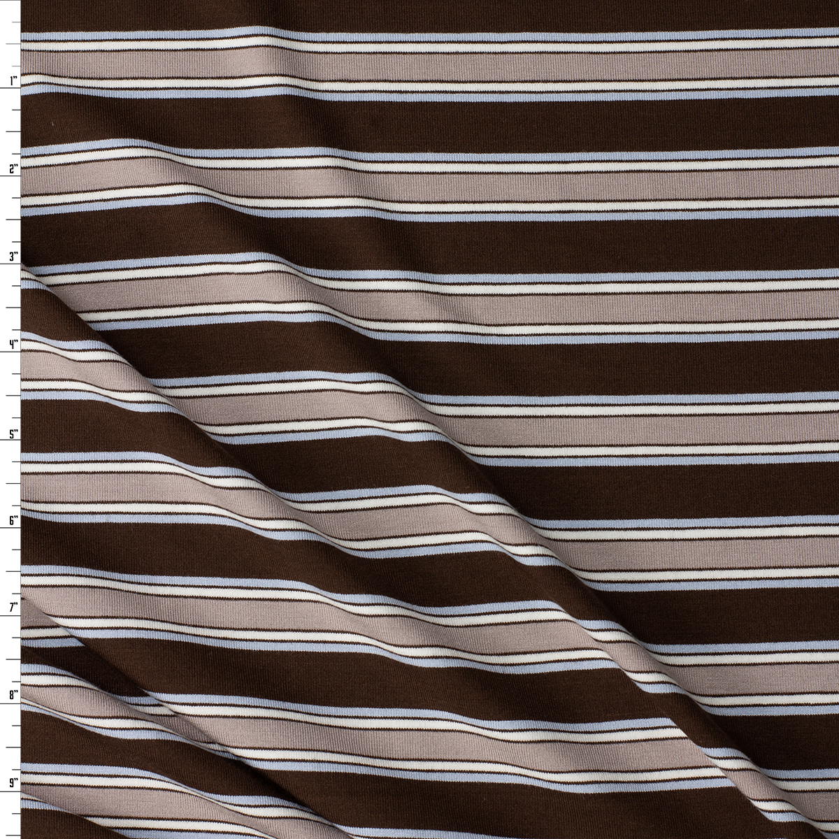 Tan, Sky, and Ivory Horizontal Stripe on Brown Stretch Rayon/Spandex Jersey #32184 Fabric By The Yard