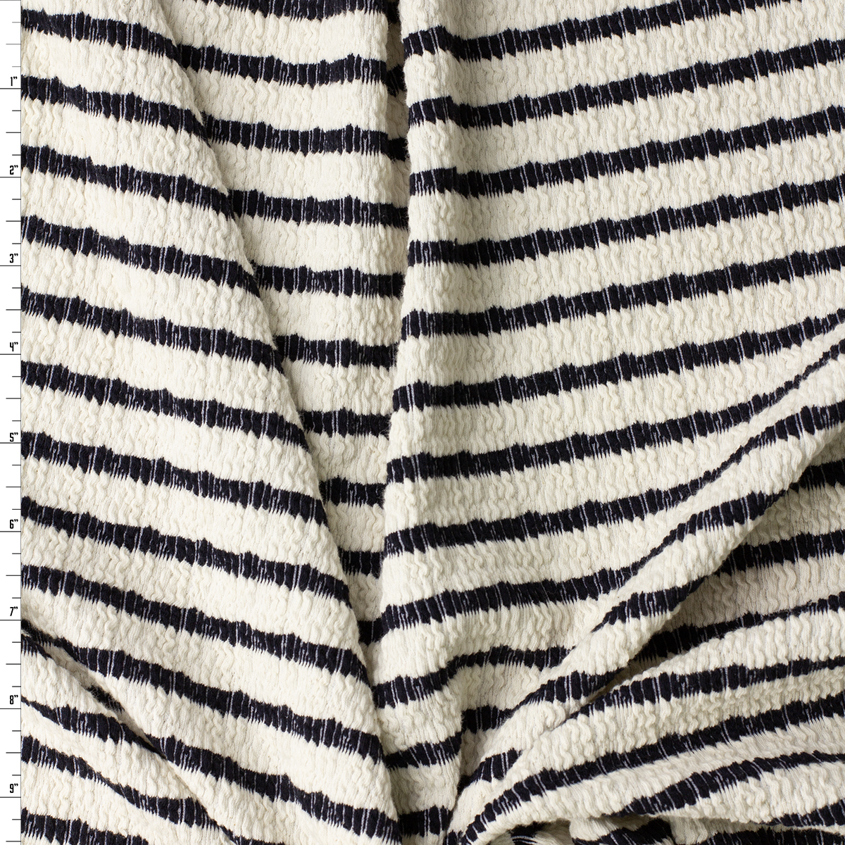Navy on Offwhite Horizontal Stripe Stretch Pucker Knit #32188 Fabric By The Yard