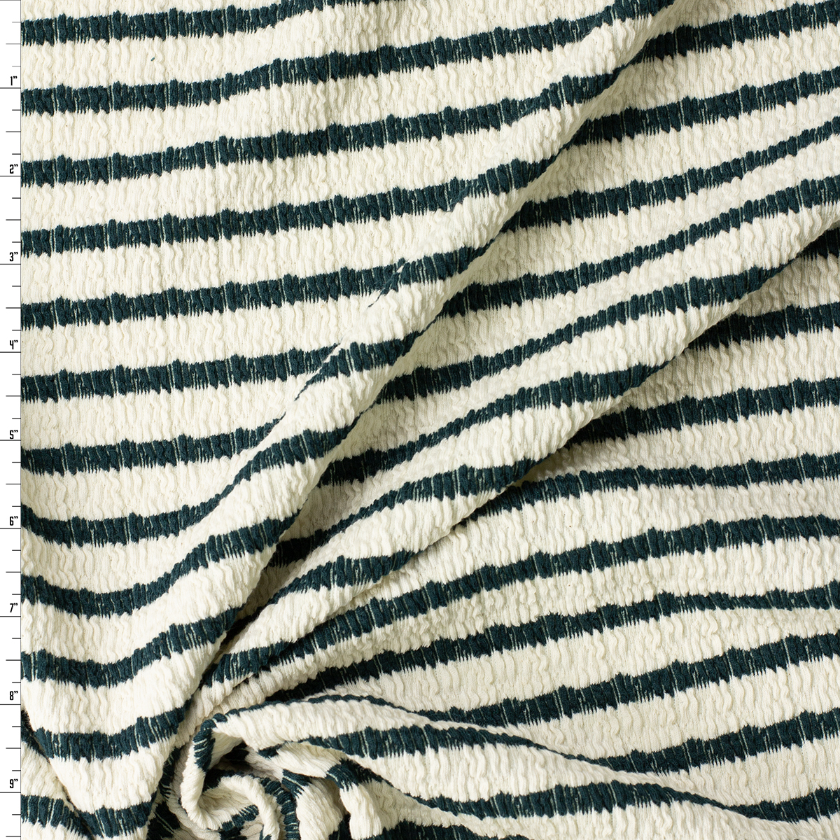 Emerald on Offwhite Horizontal Stripe Stretch Pucker Knit #32189 Fabric By The Yard