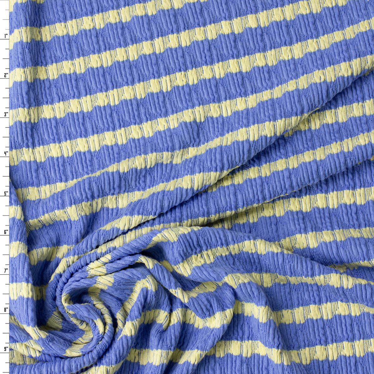 Yellow on Sky Blue Horizontal Stripe Stretch Pucker Knit #32190 Fabric By The Yard