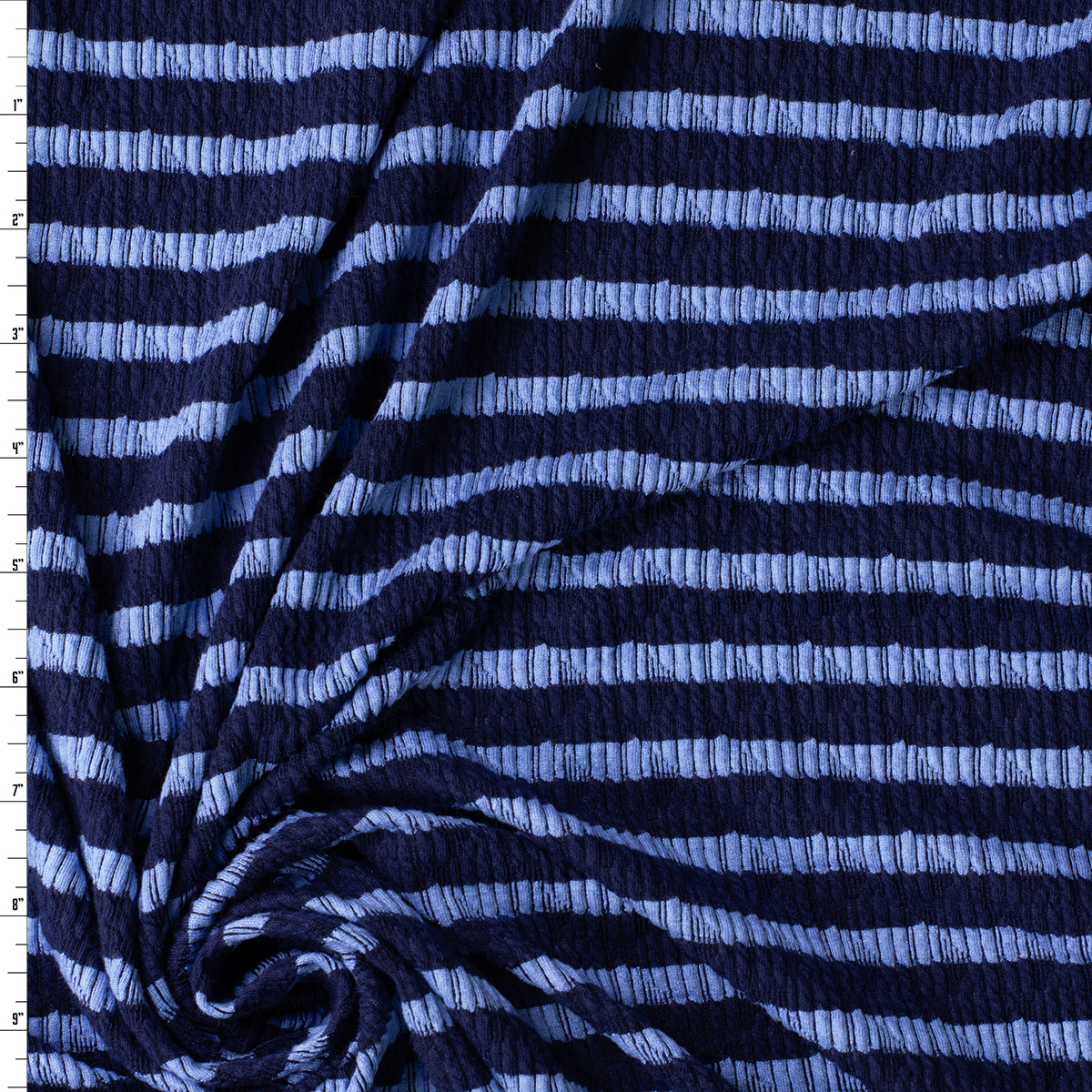 Periwinkle on Navy Horizontal Stripe Stretch Pucker Knit #32191 Fabric By The Yard