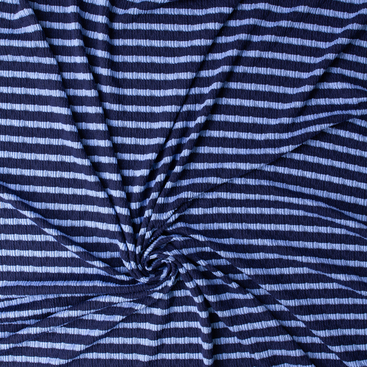 Periwinkle on Navy Horizontal Stripe Stretch Pucker Knit #32191 Fabric By The Yard - Wide shot