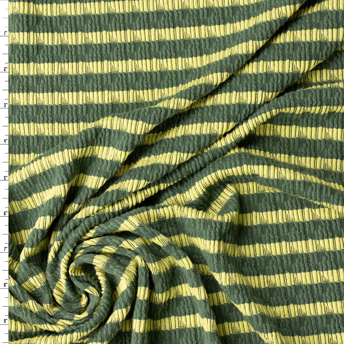 Lemon Yellow on Olive Horizontal Stripe Stretch Pucker Knit #32193 Fabric By The Yard