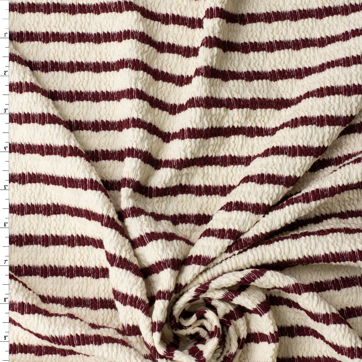Wine on Offwhite Horizontal Stripe Stretch Pucker Knit #32194 Fabric By The Yard