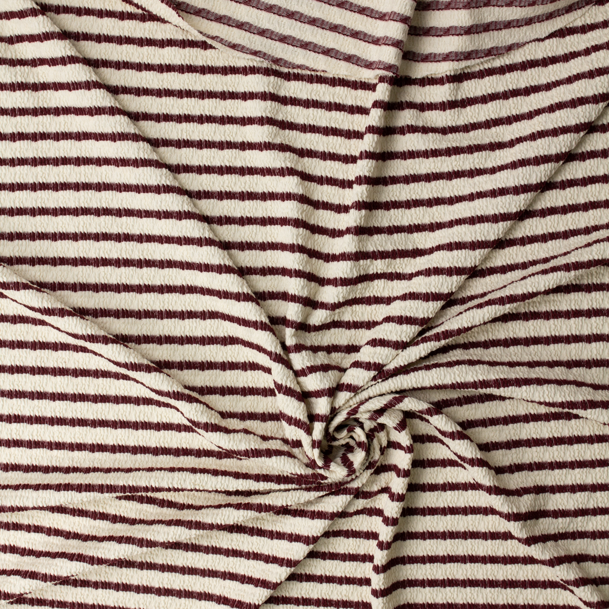 Wine on Offwhite Horizontal Stripe Stretch Pucker Knit #32194 Fabric By The Yard - Wide shot