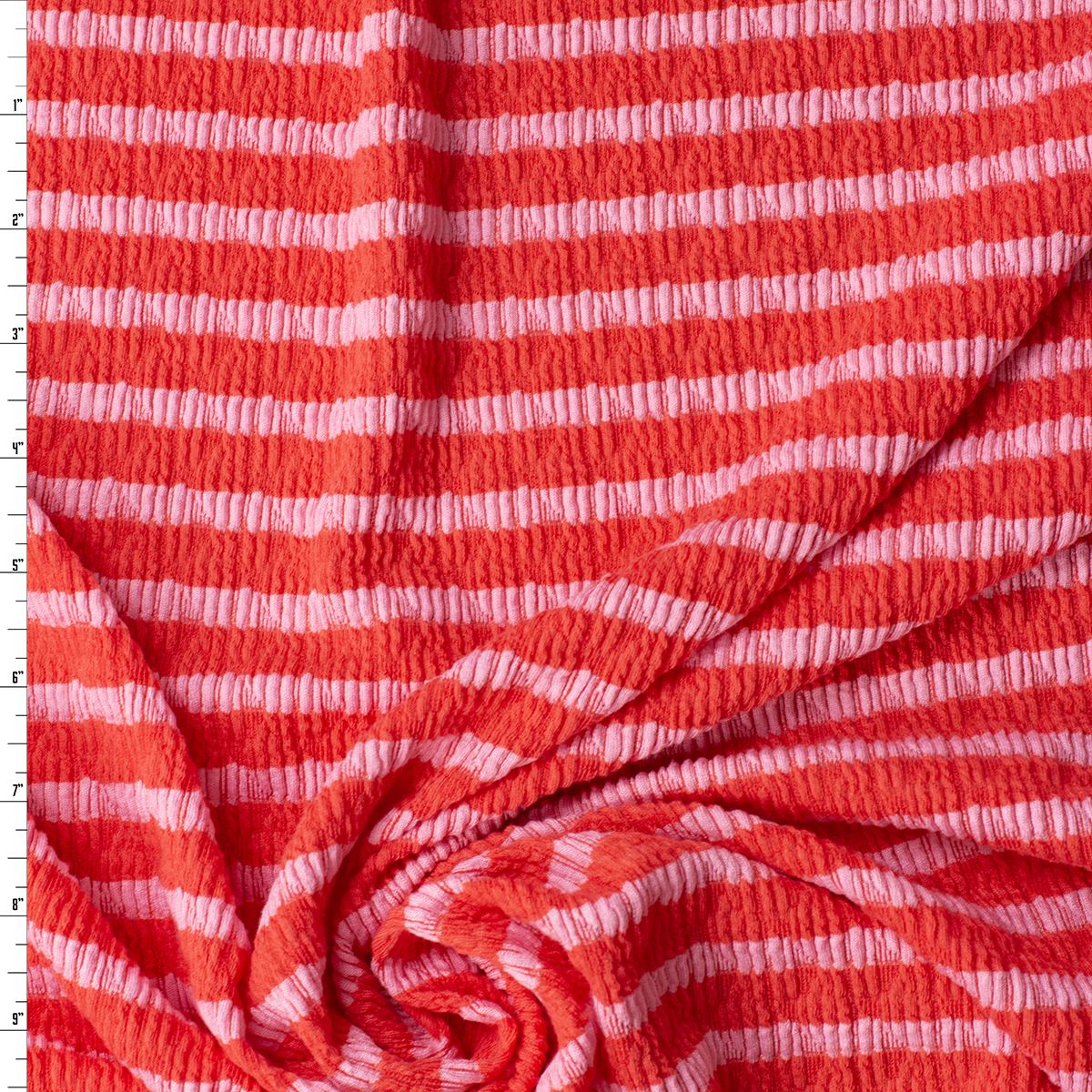 Pink on Hot Coral Horizontal Stripe Stretch Pucker Knit #32195 Fabric By The Yard