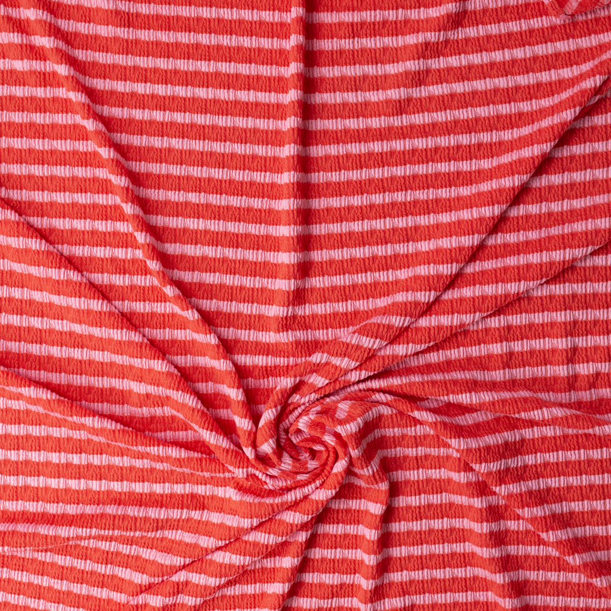 Pink on Hot Coral Horizontal Stripe Stretch Pucker Knit #32195 Fabric By The Yard - Wide shot