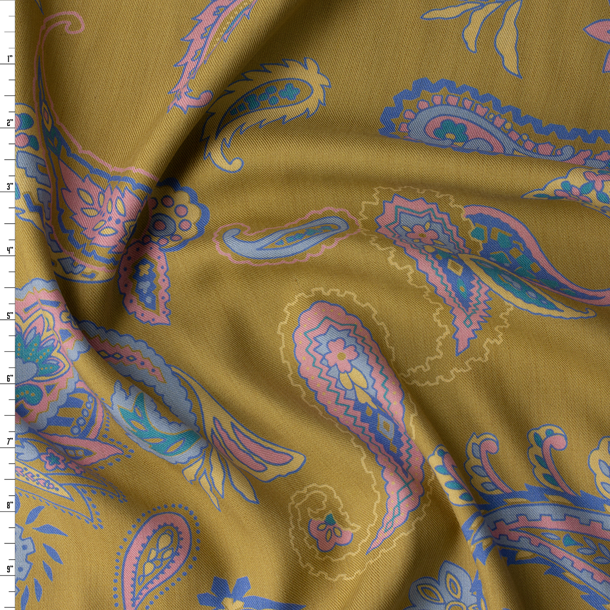 Pink and Blue Paisley on Muted Mustard Japanese Silk/Viscose Twill #32293 Fabric By The Yard
