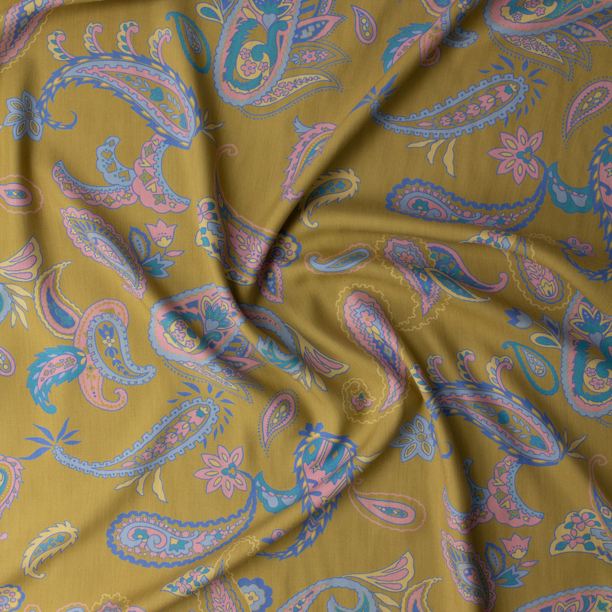 Pink and Blue Paisley on Muted Mustard Japanese Silk/Viscose Twill #32293 Fabric By The Yard - Wide shot