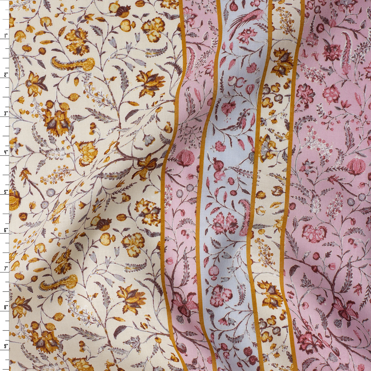 Boho Pink Border Floral on Ivory Cotton Voile #32296 Fabric By The Yard
