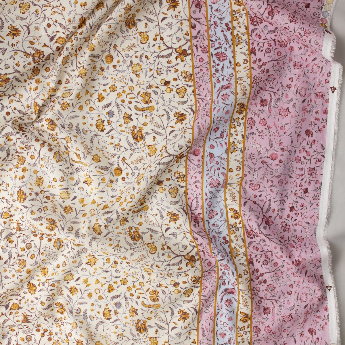 Boho Pink Border Floral on Ivory Cotton Voile #32296 Fabric By The Yard - Wide shot