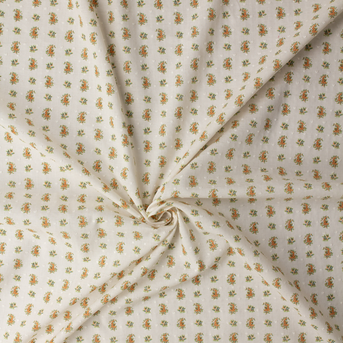 Orange and Olive on Ivory Mini Floral Cotton Voile #32298 Fabric By The Yard - Wide shot
