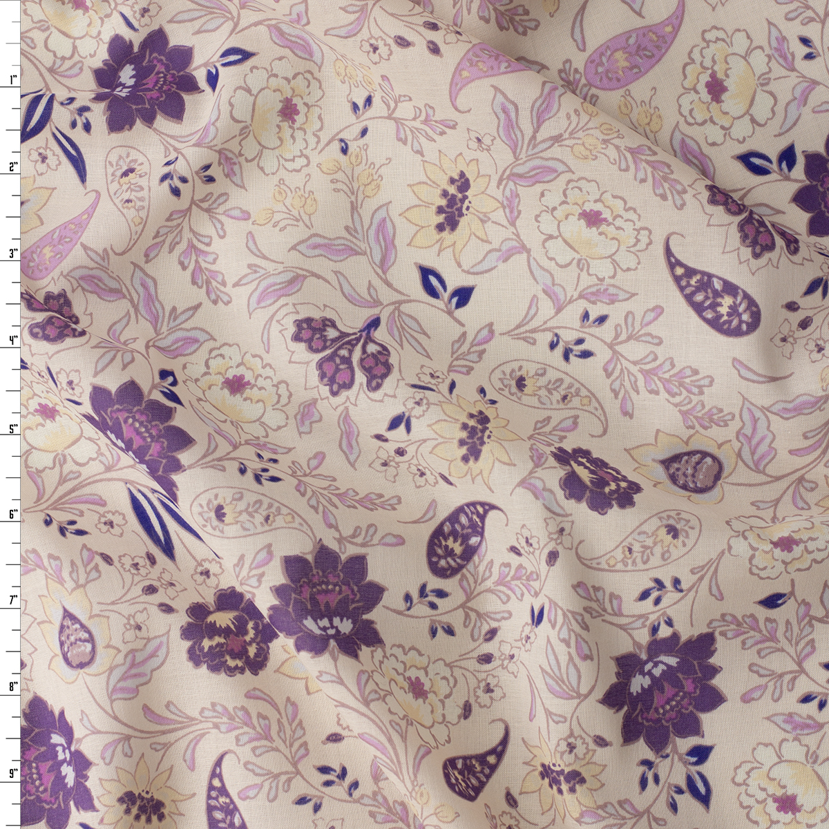 Dusty Plum and Lavender Boho Floral on Ivory Cotton Voile #32299 Fabric By The Yard