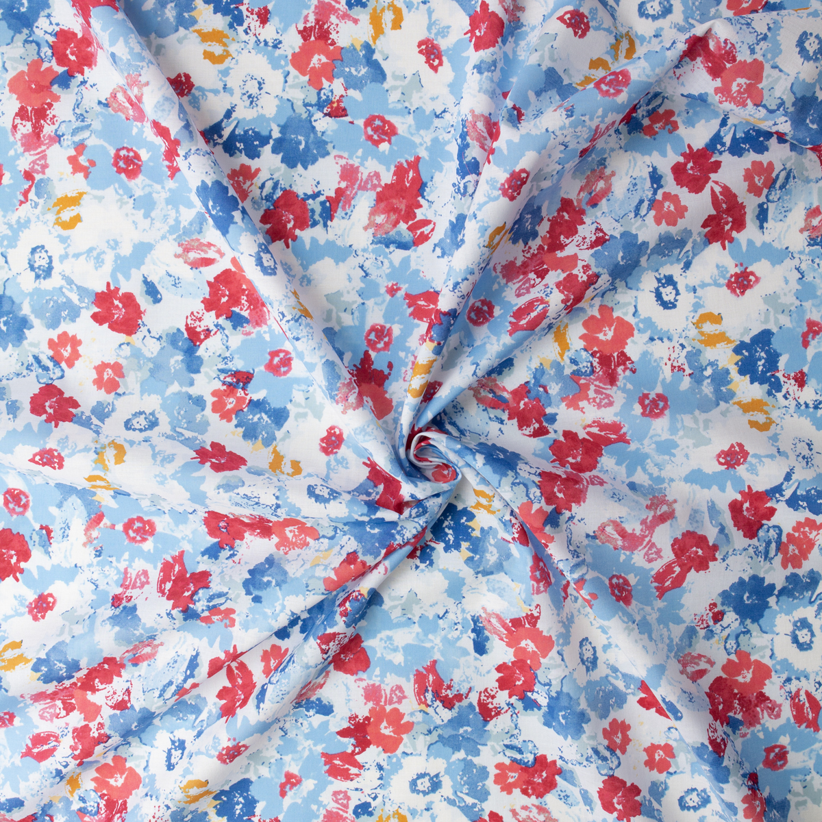 Red, Slate, and Sky Watercolor Floral on White Cotton Voile #32300 Fabric By The Yard - Wide shot